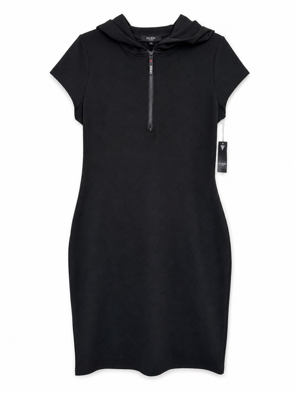 GUESS Hooded Bodycon Dress L Black Half Zip Athleisure NWT
